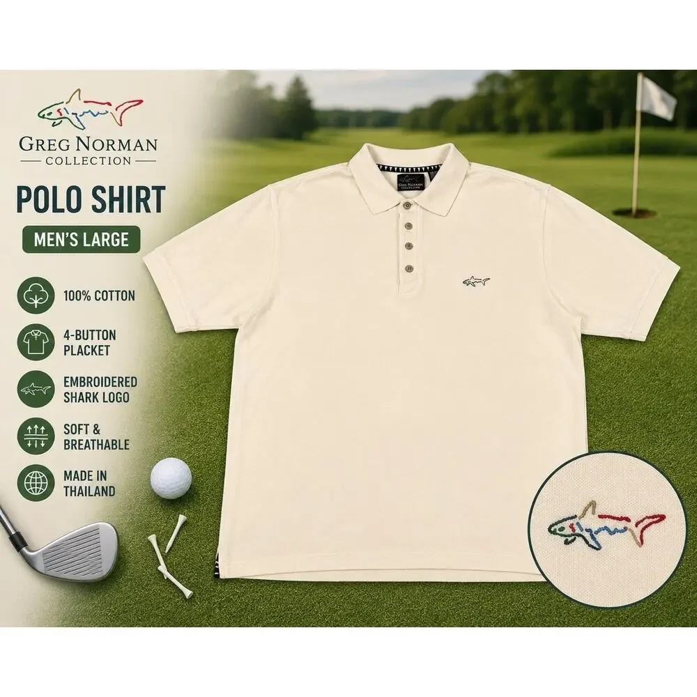 Greg‎ Norman Collection Polo Shirt Mens Large Ivory Shark Logo 100% Cotton Golf